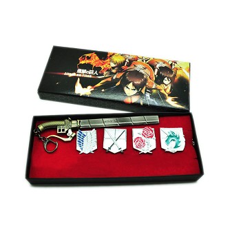 Attack on Titan anime brooch pins+key chain a set