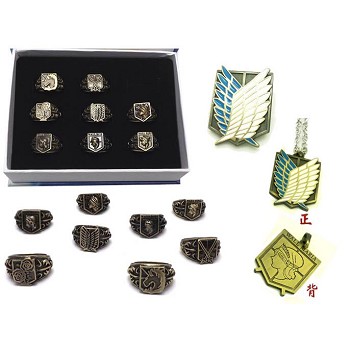 Attack on Titan anime rings+necklace+pin a set