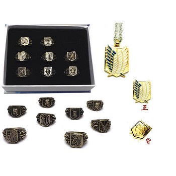 Attack on Titan anime rings+necklace+pin a set