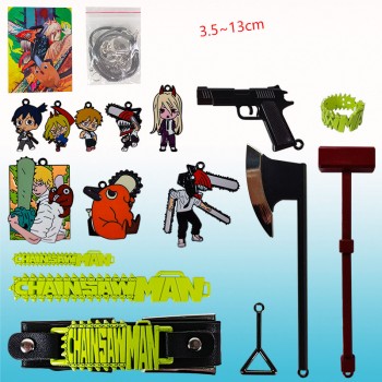 Chainsaw Man anime key chain necklace pins rings a set