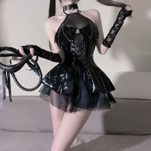 Succubus Dark Nurse Cosplay Costume PU Leather Jumpsuits Sexy Dress