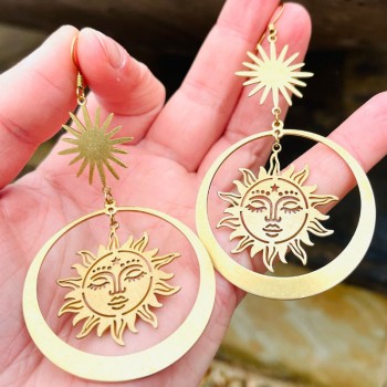 Gold-Plated Ring Sun Moon Pendant Earrings