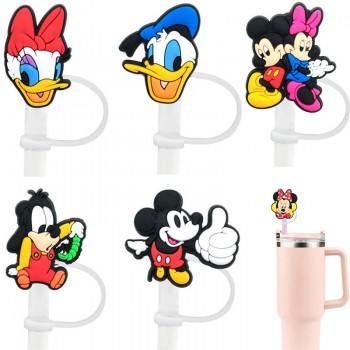 Mickey Minnie Donald Duck Silicone Straw Cover Sleeves Dust Plug