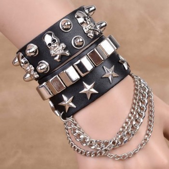 Skull Emo Goth Punk PU Leather Bracelet Metal Chain(2pcs a set)