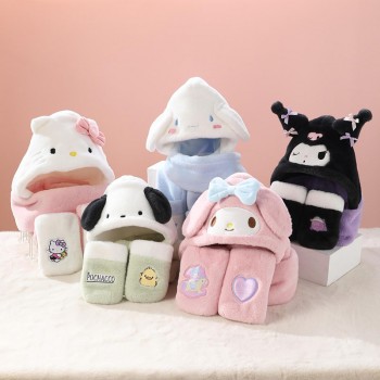 Sanrio Melody kitty Cinnamoroll Kuromi warm plush scarf glove hat three-in-one set