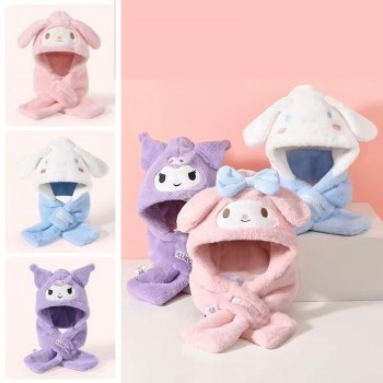 Sanrio Melody Cinnamoroll Kuromi child plush hat scarf all in one winter keep warm set