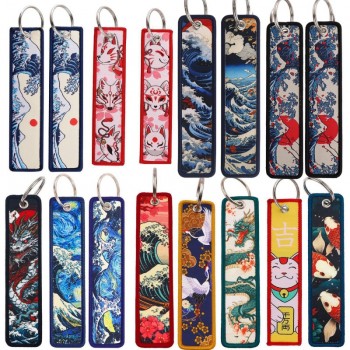 Japanese Waves Art Woven Label Anime Lanyard Key chain Tag