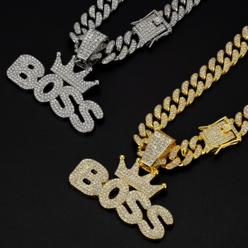 Hip Hop Crown Bling Boss Letter Pendant Necklace