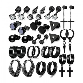 16PCS Punk Stainless Steel Stud Hoop Earrings