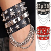 Emo Goth Punk Skull Rivets PU Leather Bracelets Me...