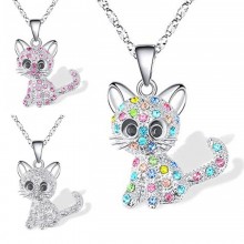 Fashion Colorful Rhinestone Decor Lovely Cat Pendant Necklace