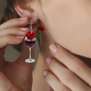 Red Rose Flower Wine Cup Acrylic Earrings