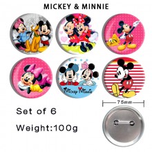 75MM Mickey Minnie Mouse anime tinplate brooch pins set(6pcs a set)