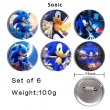 75MM Sonic the Hedgehog anime tinplate brooch pins set(6pcs a set)