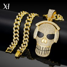 Hip Hop Full Crystal Skull Pendant Necklace