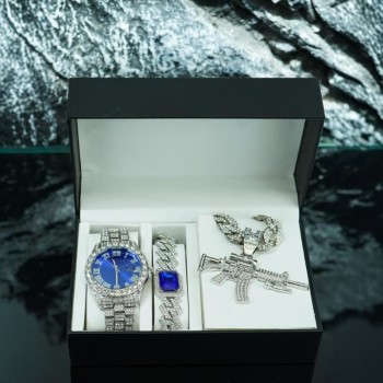 Gun Fashion Hip Hop Rhinestone Wrist Watch Cuban Chain Necklaces Set
