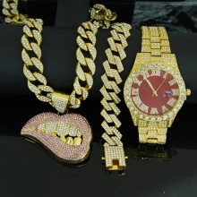 Fashion Hip Hop Rhinestone Wrist Watch Cuban Chain Necklaces Set