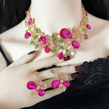 Fashion Bauhinia Flowers Crystal Jewelry Set Earrings with Necklace