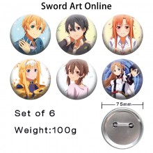 75MM Sword Art Online anime tinplate brooch pins set(6pcs a set)
