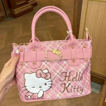 Hello Kitty Plaid Pattern Embroidery Tote Bag Handbag