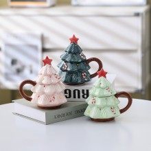 Christmas Tree Ceramic Mug with Lid and Brown Hand...