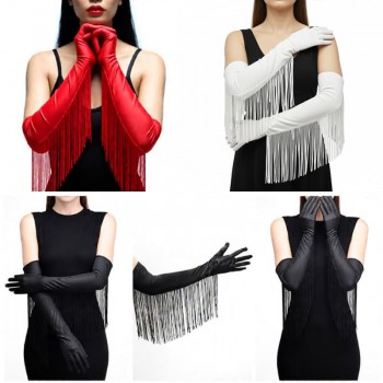 55CM Women Tassel Satin Long Half Finger Gloves