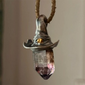 Retro Amethyst Hexagonal Pillar Witch Hat Pendant Necklace