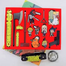 Chainsaw Man anime key chain necklace pins rings a set