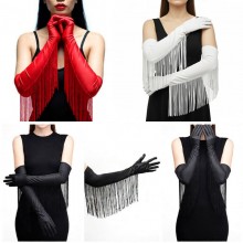 55CM Women Tassel Satin Long Half Finger Gloves