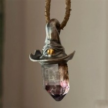 Retro Amethyst Hexagonal Pillar Witch Hat Pendant Necklace