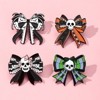 White Skull Bow Alloy Enamel Badges Brooch Pins
